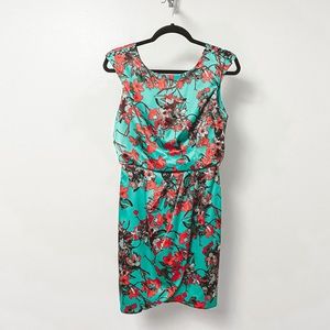 Jessica Simpson Summer Spring Boho Casual Chic Floral Satin Mini Dress‎ Teal Red